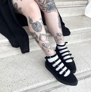 T.U.K Black Faux Suede Three-Strap Pointed Mary Jane Creeper Shoes Women's 12